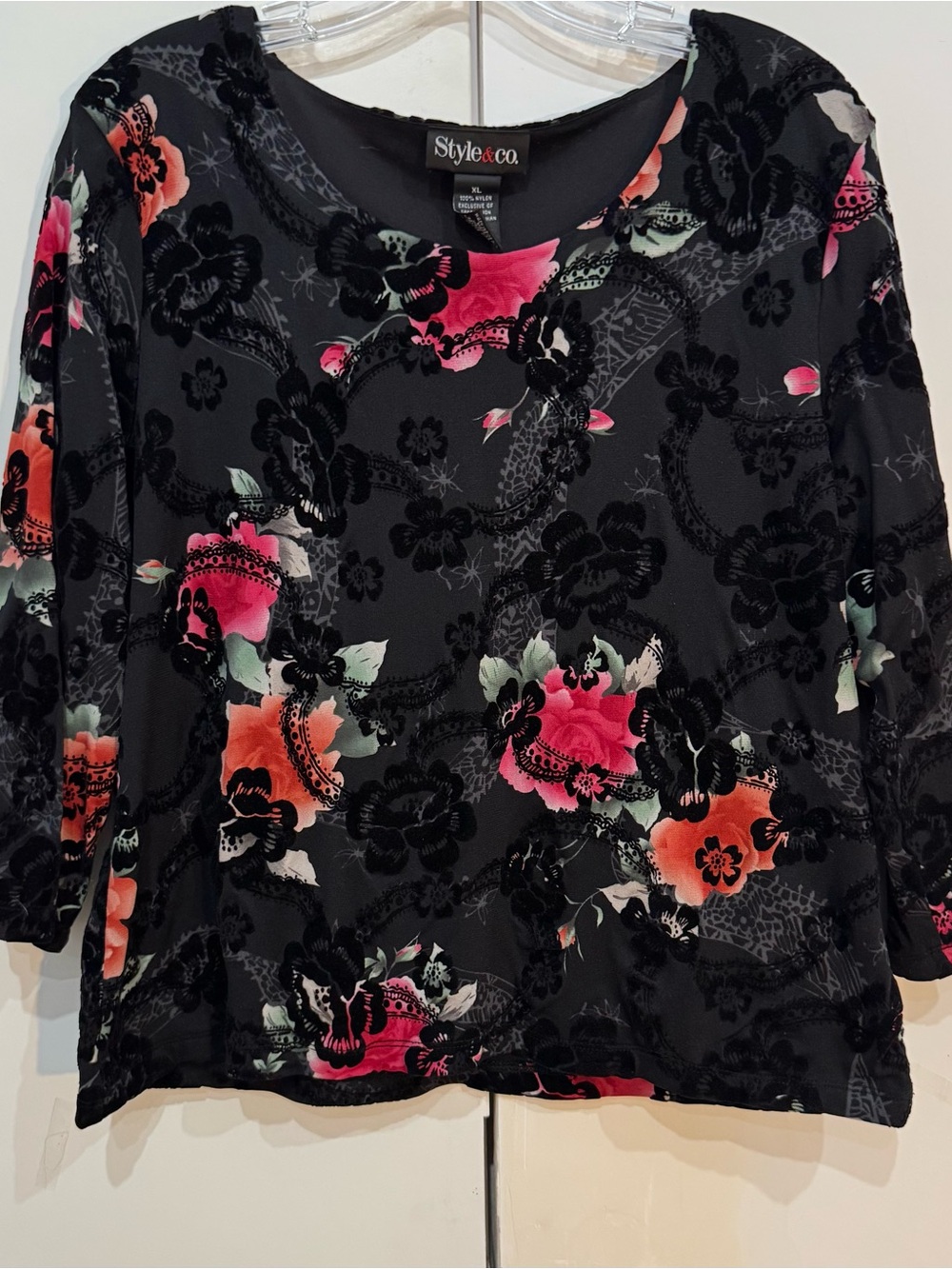 Style & Co. Black Velvet Burnout Boho Floral Top with Pink and Orange Flowers XL